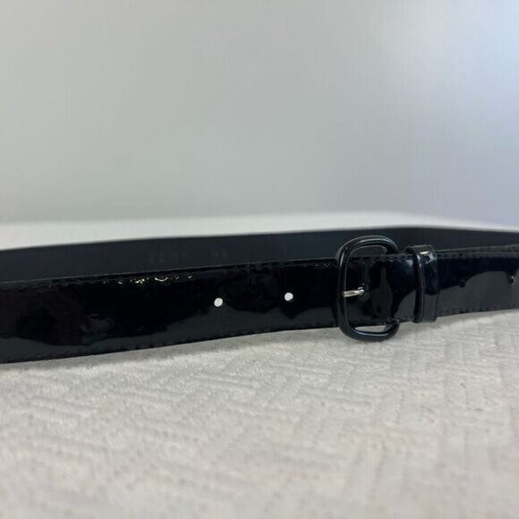 Vintage Faux Patent Leather Black Shiny Slim Waist Belt 80s Retro Whimsigoth - Picture 2 of 15